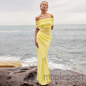 Maplepoet-nữ Màu Trơn Cổ Thuyền lệch Vai Thời Trang Mùa Hè Bodycon Đầm Dài