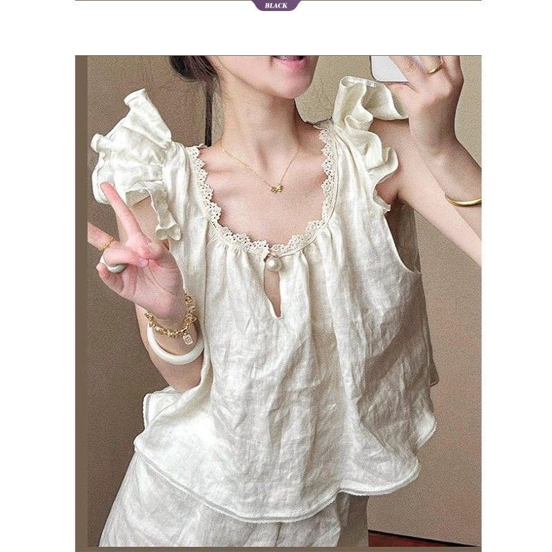 Pháp 2025 Bộ Đồ Ngủ Nữ Mùa Hè, Ren Ngọt Ngào, Quần Short màu Trơn [BL]