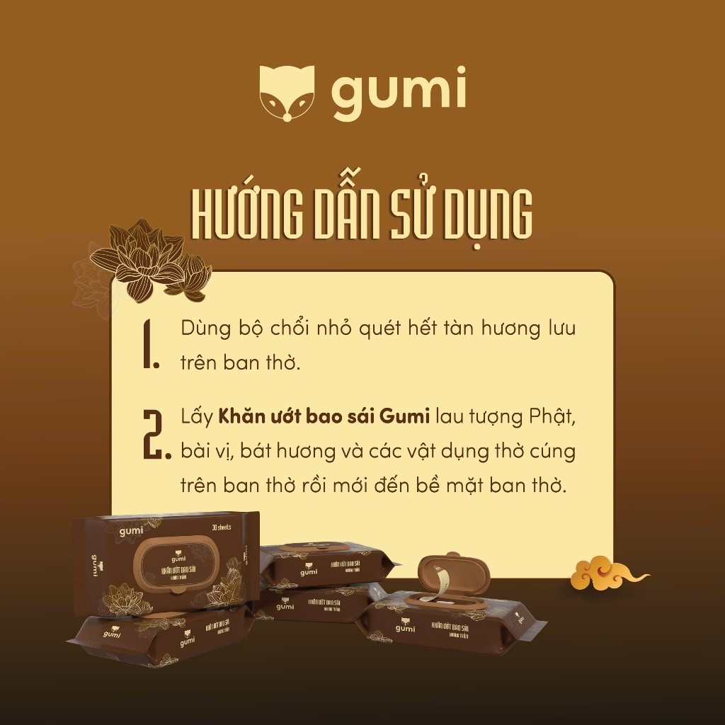 Gói Khăn ướt 30 tờ dùng để bao sái hương trầm Gumi mềm nhẹ nhàng làm sạch các vật phẩm thờ cúng
