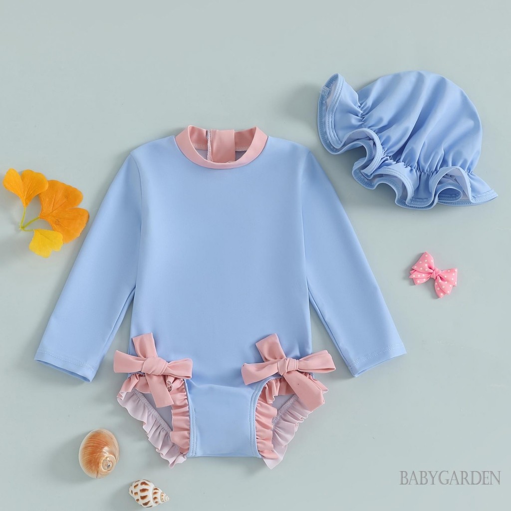 / / -3tháng 3 tuổi Đồ bơi bảo vệ phát ban cho bé gái có mũ chống nắng Bộ đồ tắm dài tay in nơ