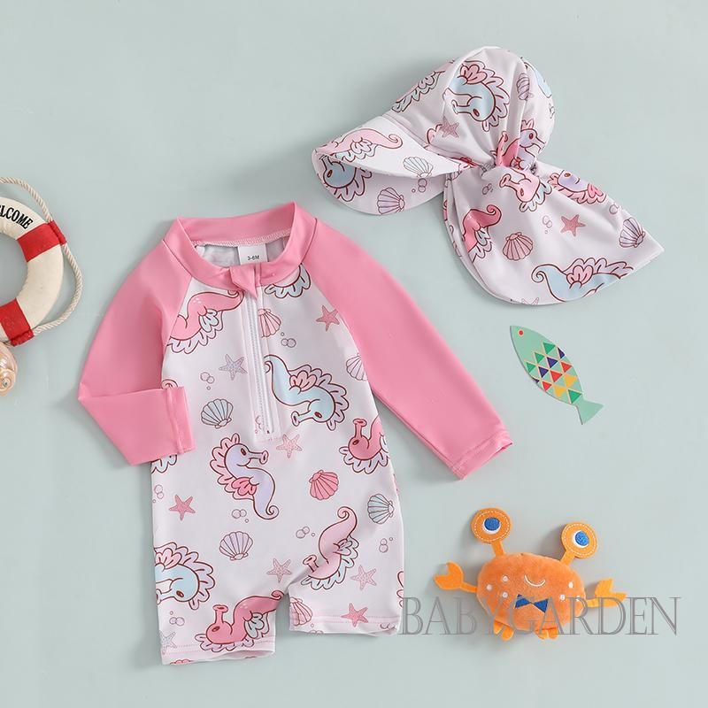/ / -3Month-3years Bé Trai Bé Gái Rash Guard Đồ Bơi Có Mũ Họa Tiết Vỏ Cá Ngựa Kéo Dài Tay Cổ Thủy Thủ Đoàn Đồ Bơi