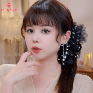 < zhuliye789 > Nữ Lưới Hoa Ngọc Trai Cua Vuốt Tóc Nữ Cô Gái Tính Khí Thời Trang Mũ Đen