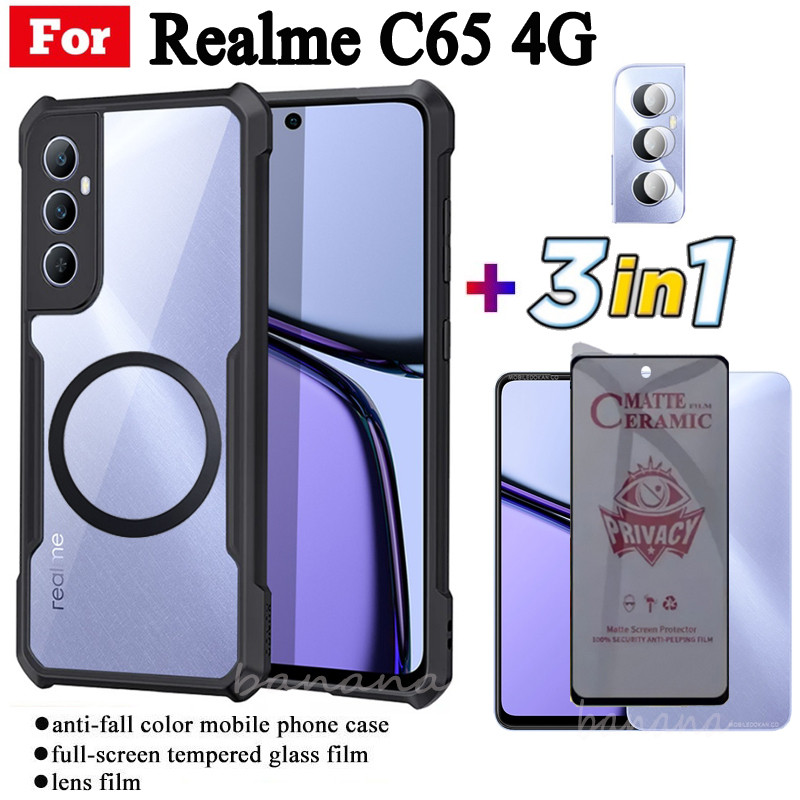 Ốp điện thoại chống sốc 3 trong 1 Realme C65 4G có nhãn dán sạc không dây từ tính cho Realme C75 C67 C61 C63 C53 C51 Note 50 60 Kính cường lực bảo vệ toàn diện + Phim ống kính