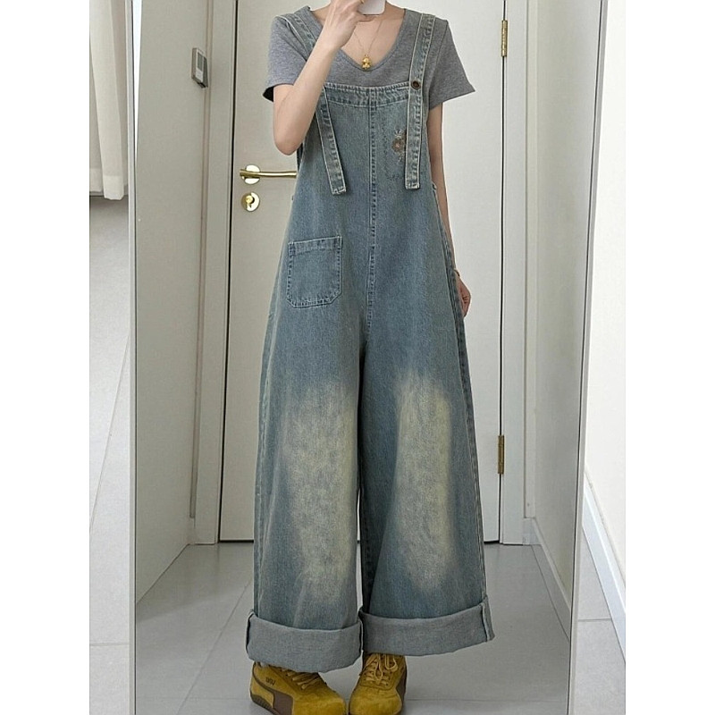 [YU]Quần yếm denim nữ trẻ trung, ống rộng thoải mái, thiết kế jumpsuit thẳng hiện đại.