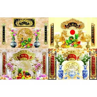 Tranh trang trí phòng thờ độc đáo, tranh liễng thờ, câu đối, mâm ngũ quả, tranh phật dán phía sau bàn thờ