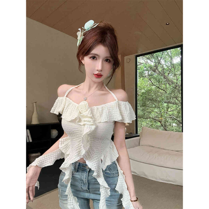 Áo 2 dây croptop Mùa Hè Gợi Cảm Ngoài Vai Xù Cổ Dây Top Skinny Ôm Hơn Nhìn Thường Ngày Sling Ba Chiều