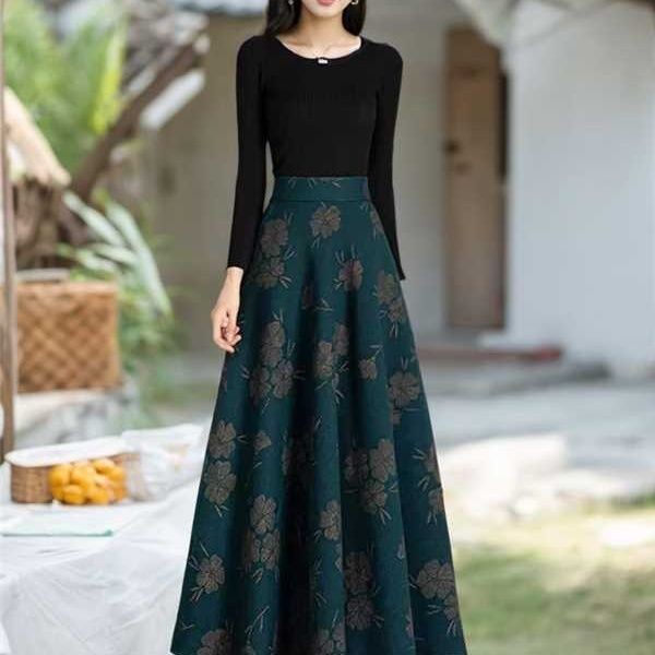 Váy Len Hoa Cao Cấp Giữa Chiều Dài Váy Nữ Túi Làm Sâu Dù Váy Mùa Đông Váy Xoay Lớn Váy Dài 25.1.2