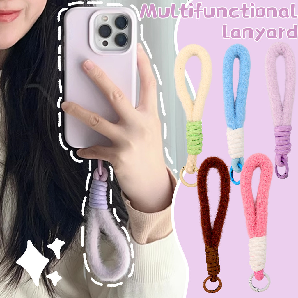 Dây đeo cổ tay ngắn mềm mại sang trọng - Dây đeo nhẫn treo - Dây buộc điện thoại di động đầy màu sắc - Dành cho nữ Cô gái mùa đông - Móc khóa dây có thể tháo rời