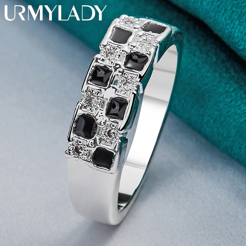 URMYLADY Bạc 925 Đen Trắng Lưới Zircon 7-10 # Nhẫn Nữ Trang Sức Quyến Rũ Thời Trang