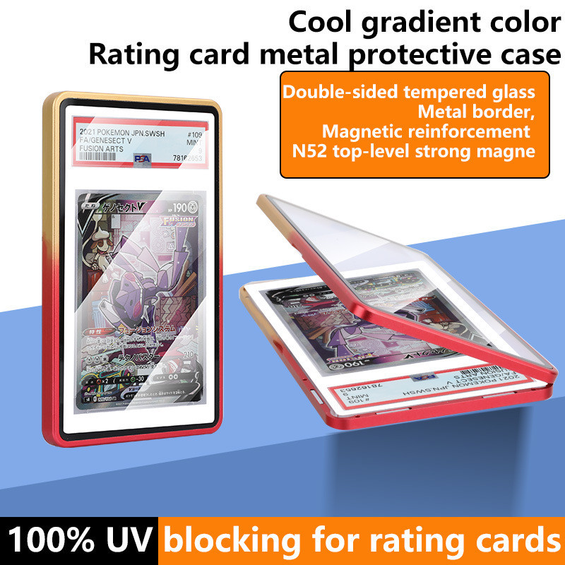 Vỏ phân loại màu gradient cho thẻ PSA/TCG, bảo vệ kim loại, màn hình xếp hạng sao, từ tính