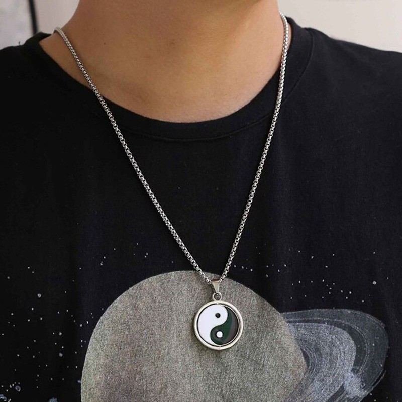 Điếc dây chuyền gothic unisex hiện đại, phong cách Trung Hoa vintage đen trắng, mặt đá hợp kim dáng thái cực