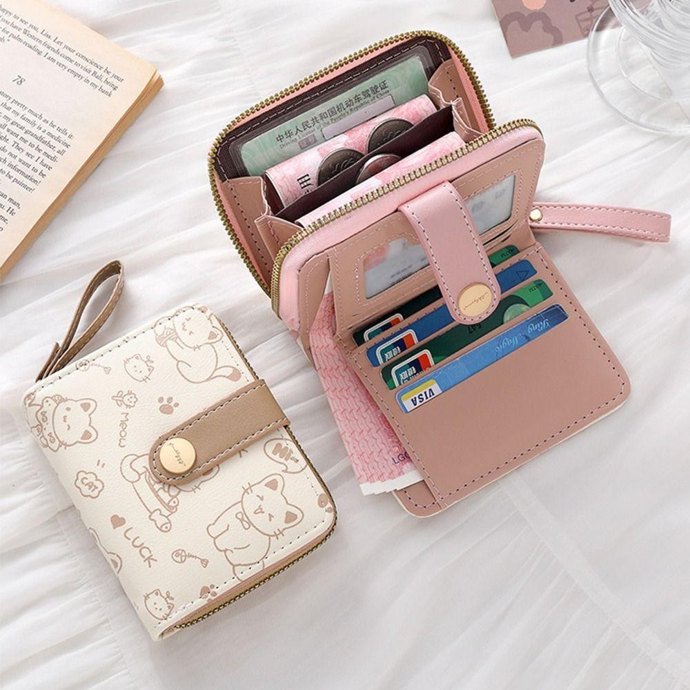 Ví ngắn HOBBYIN, Hộp đựng thẻ ID nhẹ hình mèo dễ thương, Túi đựng tiền bằng da PU dung tích lớn thời trang