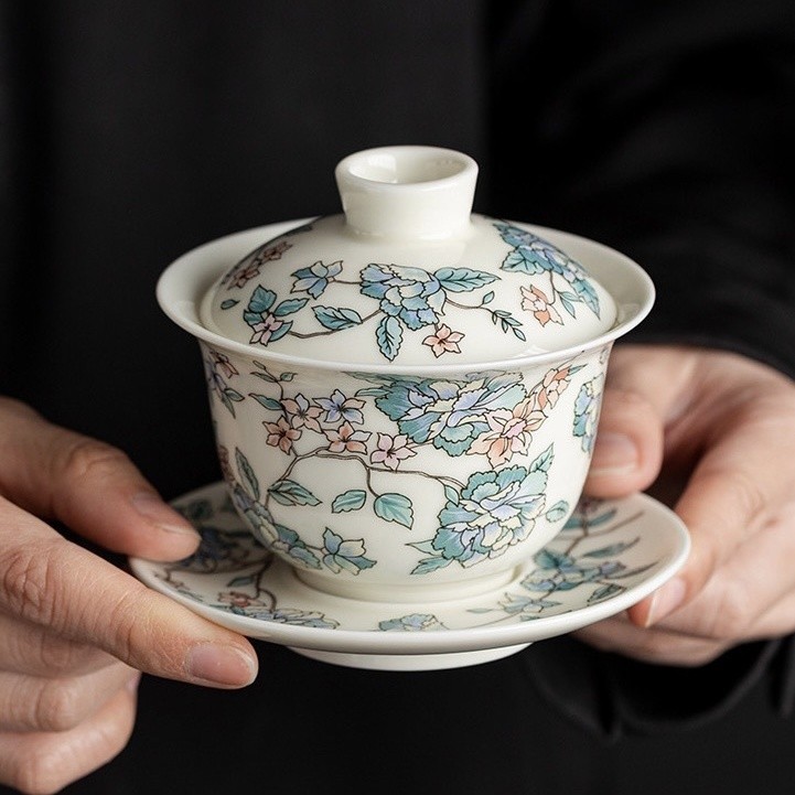 ✨Gốm Kung Fu Bộ Trà Camellia Sancai Gaiwan Gốm Hộ Gia Đình Cao Cấp Trà Trung Quốc Trà Bộ Trà Trà Cốc
