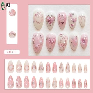 Móng tay giả màu trắng hồng có nơ in hình nhẹ và dễ dính móng tay giả