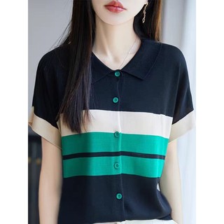 Áo thun nữ ngắn tay sọc kẻ, phong cách mới mùa hè 2025, đáy áo sơ mi thời trang, phù hợp Plus Size