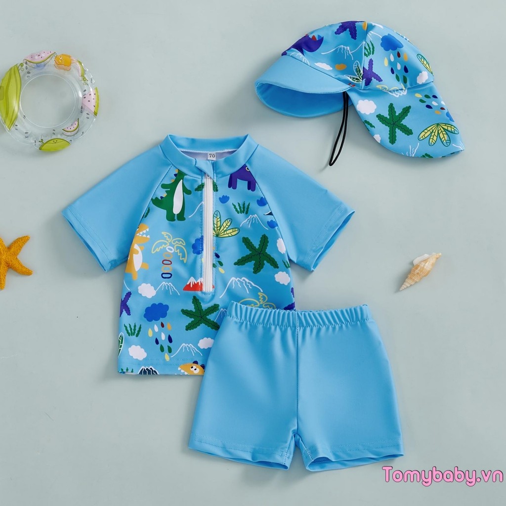 Bộ Đồ Bơi Bé Trai Mùa Hè In Hình Dễ Thương Dây Kéo Áo Tay Ngắn + Quần Bơi + Mũ Đồ Bơi