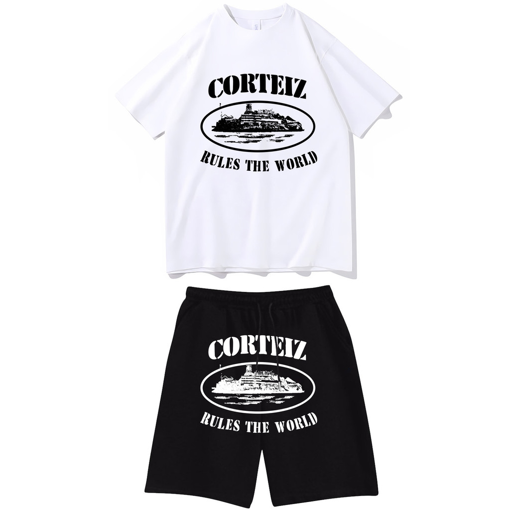 GN 2 Cái / bộ Corteiz in chữ đen dạo phố Y2K quần short áo thun ngắn tay NG