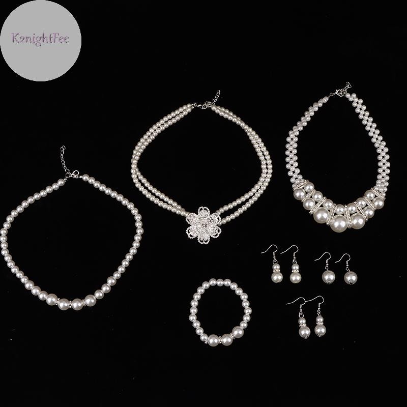 K2nightfee Thời Trang Vintage Nữ Cô Dâu Cưới Bộ Trang Sức Kim Cương Giả Ngọc Trai Vòng Cổ Vòng Tay Bông Tai Tiệc Cưới Trang Sức Quà Tặng VN
