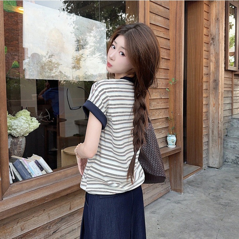 SUXI Áo thun sọc ngắn tay đơn giản dành cho nữ mùa hè mới 250622