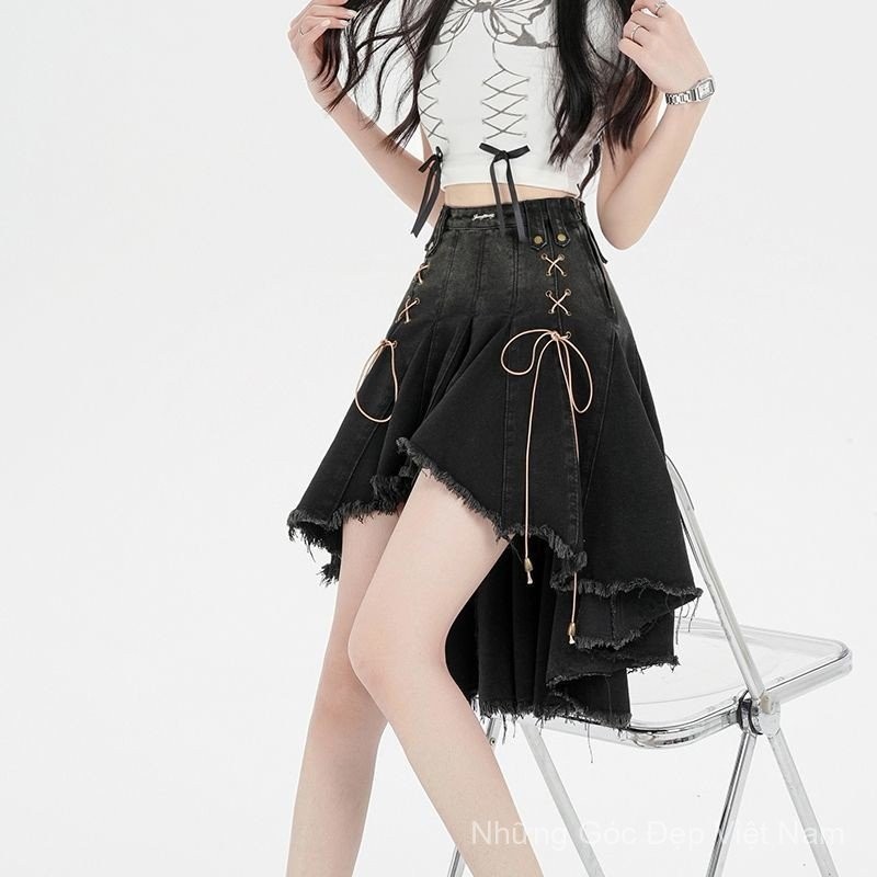 [Giảm Giá] Váy denim xếp ly đen retro, phong cách mới cho mùa hè, ôm body quyến rũ - QVTK