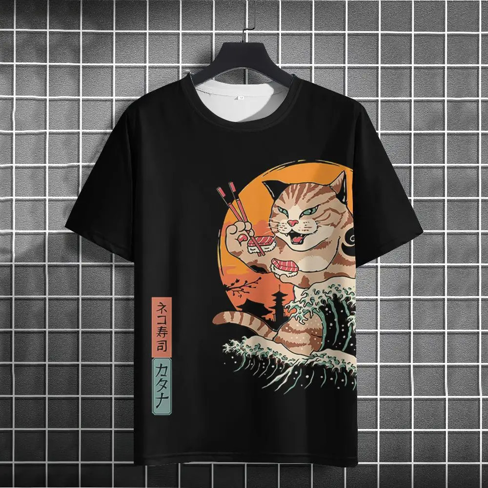Áo thun unisex phong cách Nhật Bản, in hình mèo samurai 3D, kèm bông tai kẹp