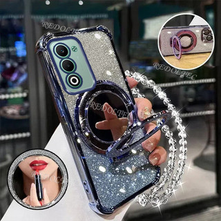 Ốp lưng OPPO A5 5G 4G 2025 Vỏ lấp lánh Gradient mới có gương trang điểm Giá đỡ từ tính OPPO A5 OPPOA5 Bảo vệ ống kính có giá đỡ dây buộc Vỏ điện thoại chống sốc
