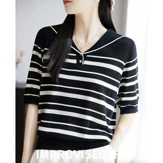 Retro Sọc Tay Ngắn Phong Cách Hàn Quốc Băng Lụa Dệt Kim Rời Phong Cách Phương Tây Cổ Áo Thun Mỏng Mùa Hè Áo Thun Top Tencel Áo Thun