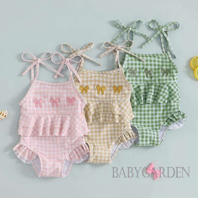/ / -3tháng-3 Tuổi Dây đeo Spaghetti cho bé gái Dây buộc nơ thêu kẻ sọc Đồ bơi một mảnh Bộ đồ tắm đi biển mùa hè