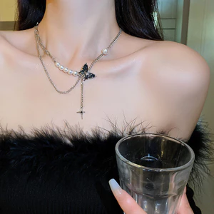 Vòng cổ bạc bướm và ngọc trai thiết kế Y2K, phù hợp cho tiệc và hàng ngày, phong cách Gothicpunk