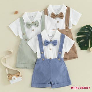 MG-Toddler Boy Gentleman Trang phục áo liền quần ngắn tay màu trơn có dây buộc nơ và quần yếm Bộ quần Short để mặc trang trọng