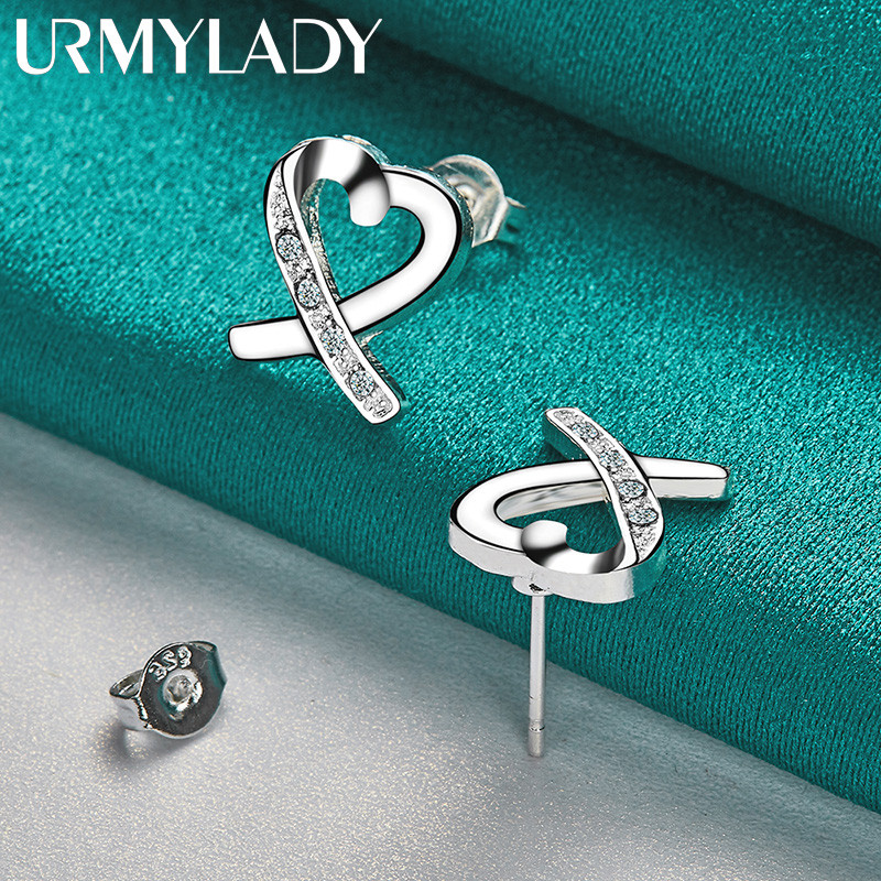 URMYLADY Bạc 925 Trái Tim Tình Yêu Zircon Bông Tai Dành Cho Nữ Tiệc Cưới Trang Sức Thời Trang