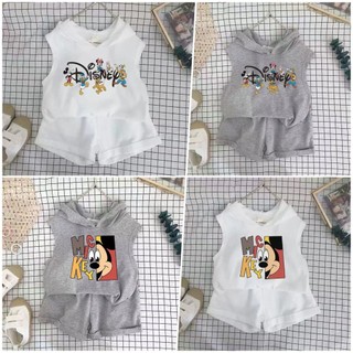 (1-12Y) Bộ đồ áo hoodie bé gái Quần áo bé gái Mới nhất Bộ đồ áo hoodie trẻ em in hình chuột Mickey không tay Trẻ em mùa hè Bộ quần áo sơ mi Singet