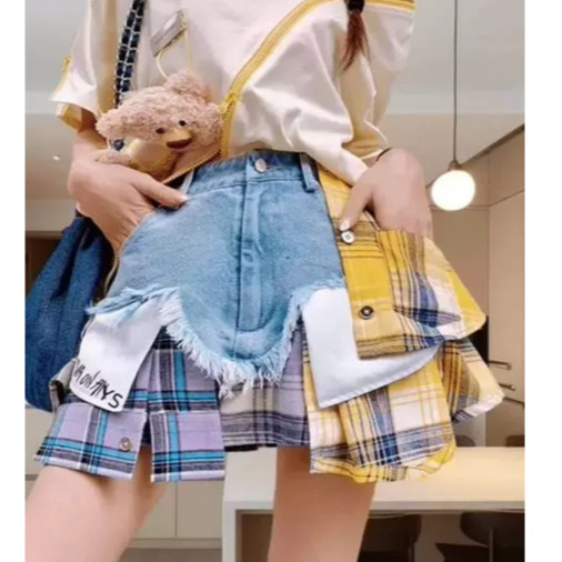 Oksmartlove Thời Trang Phong Cách Mỹ Thiết Kế Giải Cấu Trúc Độc Đáo Váy Denim Nữ Mùa Hè Phong Cách Mới Kẻ Sọc Không Đều Khâu Váy Eo Cao Hàng Có Sẵn