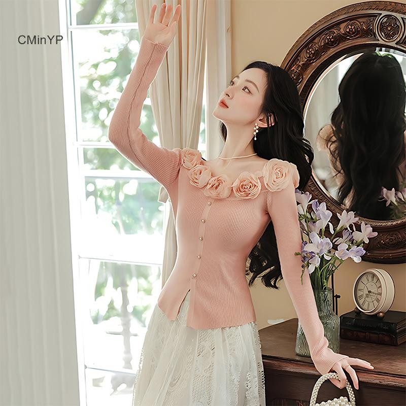 Cminyp Pháp Retro Nhẹ Nhàng Ba Chiều Hoa Ngoài Vai Dài Tay Mỏng Dệt Kim Áo Len Nữ Vinh Quang