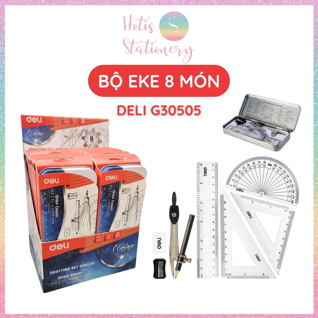 [HOTIS] Bộ Compa Thước Kẻ Eke 8 món DELI, Hộp thiếc cao cấp, tiện lợi ...
