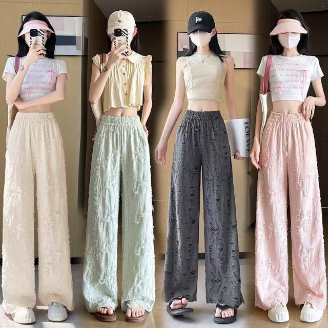 Quần dài nữ, quần ống rộng, cạp cao khoan nóng, quần âu tua rua, cạp cao có dây rút, dáng rộng