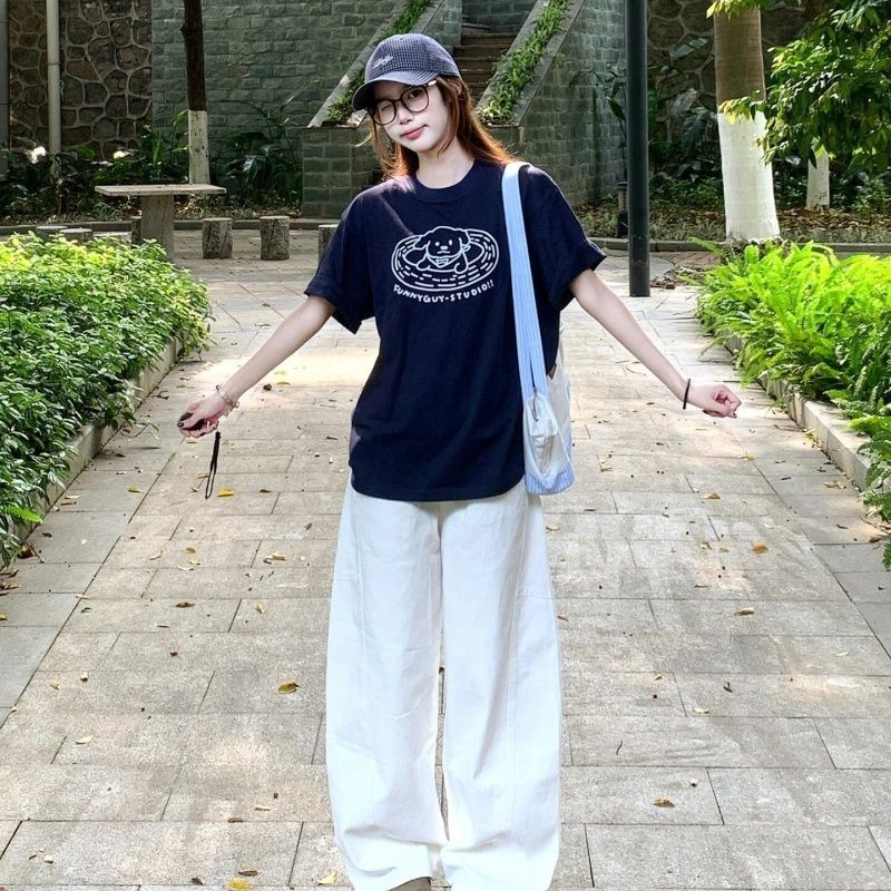 Áo ThunGraphic Chó Hoạt Hình Nữ, Tay Ngắn Phù Hợp Mùa Hè và Couple Wear