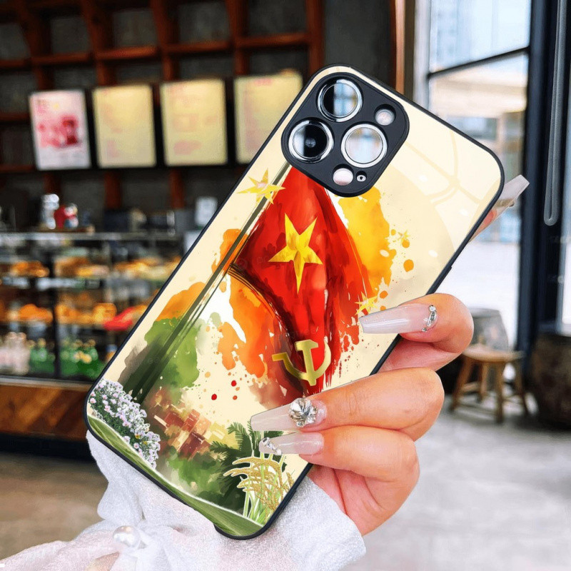 Ốp điện thoại kính màu vàng lá cờ Việt Nam Uncle Ho cho iPhone 16 17.35 14 13 12 11 8 7 6 6s 6p 7p 8p 6g 7g 8g Pro Max XR XS xsmax