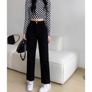 quần jean ống đứng nữ amily official store màu đen trơn lưng cao co dãn chất vảo bò dày dăn đẹp