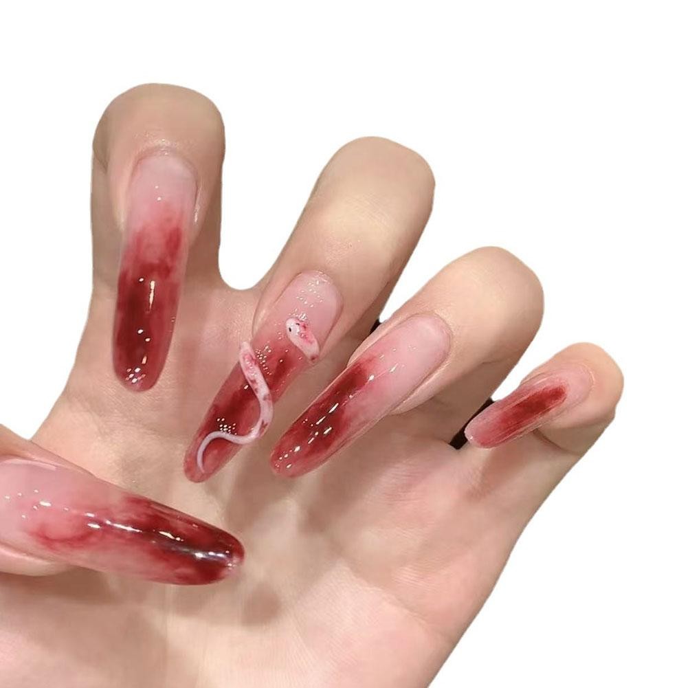2025 Năm Con Rắn Handmade Đầu Dài Mặc Gia Vị Bé Gái Sinh Viên Chuyển Màu Đỏ Móng Tay Nghệ Thuật W5b1