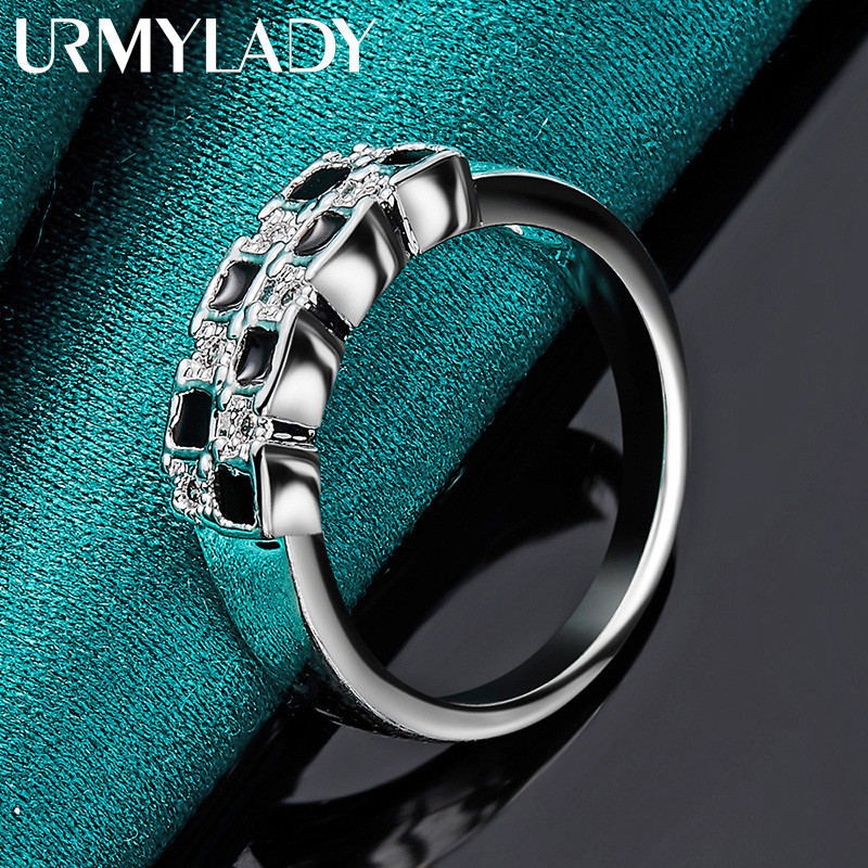 URMYLADY Bạc 925 Đen Trắng Lưới Zircon 7-10 # Nhẫn Nữ Trang Sức Quyến Rũ Thời Trang