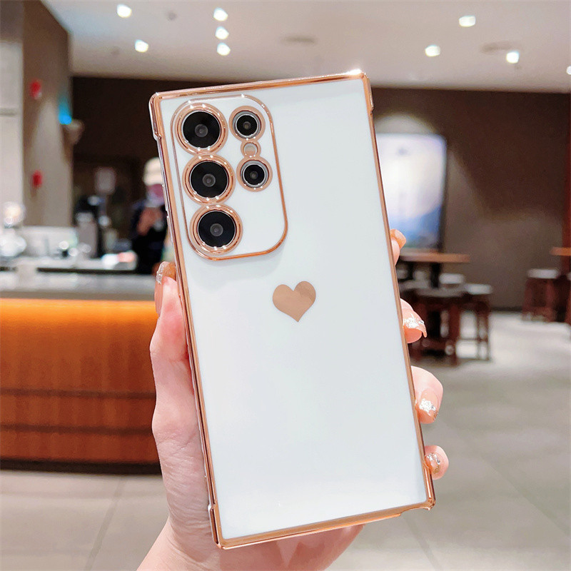 Ốp Mạ Sang Trọng Cho Samsung Galaxy S25 S24 S23 S22 Ultra Plus S24 S23 S21 S20 FE Love Heart Side Pattern Vỏ Điện Thoại Chống Sốc