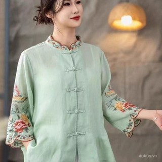Mùa Hè 2025 Nữ Thêu Phong Cách Trung Hoa Áo Sơ Mi Lá Sen Đứng Cổ Hoa Thêu Ngược Mở Đầu Dân Tộc Retro Vải Lanh Cotton Áo