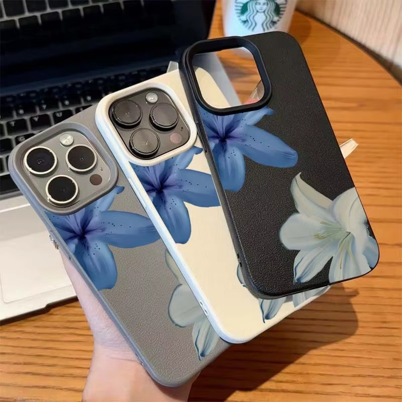 Ốp Điện Thoại Họa Tiết Lily Màu Xanh Thanh Lịch Cho iPhone 16 Pro Max 15 14 13 12 11 XS X XR 16 Plus 16e Ốp Lưng Mềm Chống Sốc