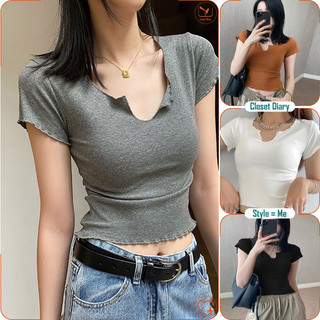 Áo thun ngắn tay nữ cổ V bó sát lộ rốn gợi cảm thời trang 2025