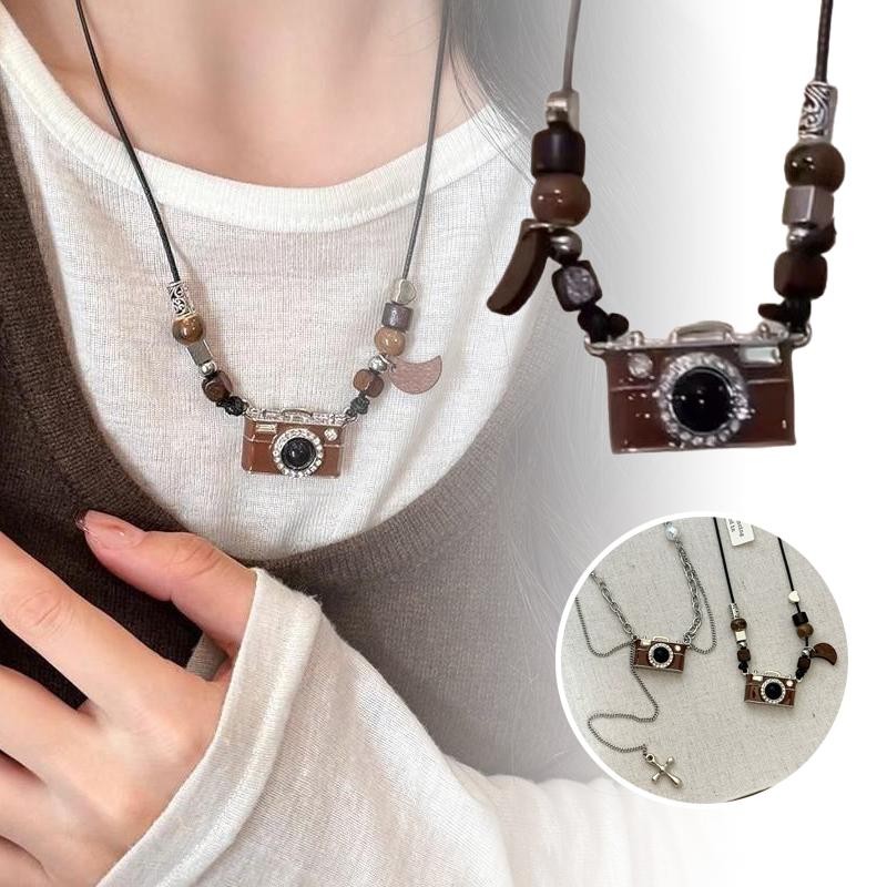 Retro Màu Nâu Camera Ngọc Trai Vòng Cổ Cho Nữ Nhẹ Sang Trọng Niche Thiết Kế Cá Tính Dây Xích Dài Áo Dây Xích Hợp Thời Trang Phụ Kiện