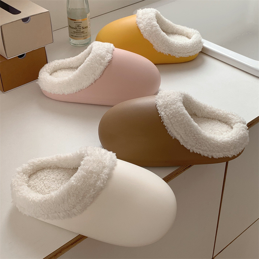 Xixitiao Đơn Giản Màu Trơn Chống Thấm Nước Đế Mềm Dép Cotton Bé Gái Mùa Đông Trong Nhà Ấm Áp Sang Trọng Confine Giày Ngỗng Trứng Giày