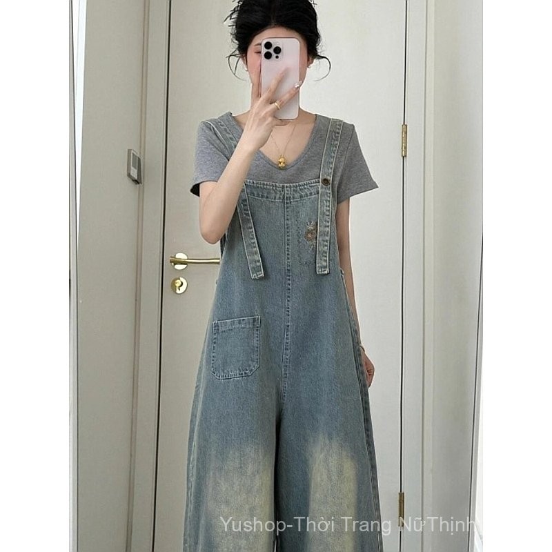 [YU]Quần yếm denim nữ trẻ trung, ống rộng thoải mái, thiết kế jumpsuit thẳng hiện đại.
