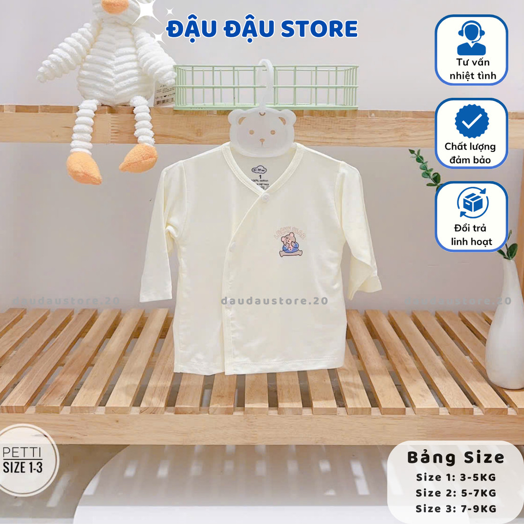 Combo 3/5 áo dài tay sơ sinh petit nền kem in ngực mềm mịn thấm hút mồ hôi cho bé sơ sinh 0-9 tháng AL22 Đậu Đậu Store