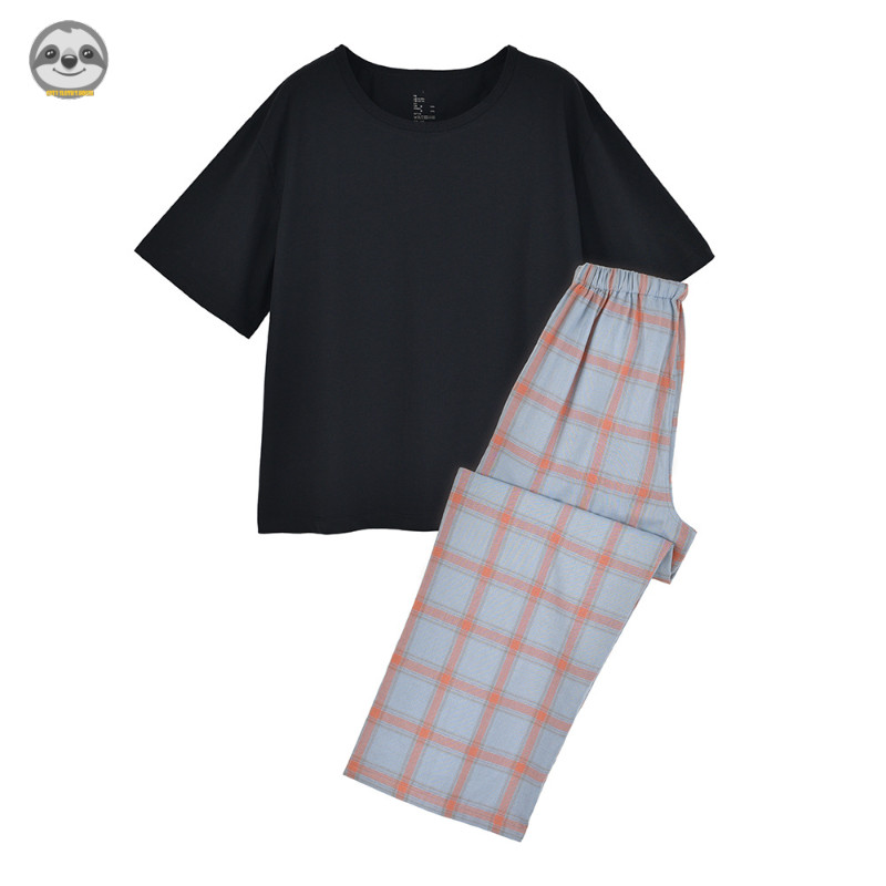 Phong cách Nhật Bản Muji Style / Đồ ngủ ngắn tay bằng vải Cotton / Bộ đồ ngủ kẻ sọc màu hỗn hợp / Đồ ngủ cặp đôi thân thiện với da mềm mại